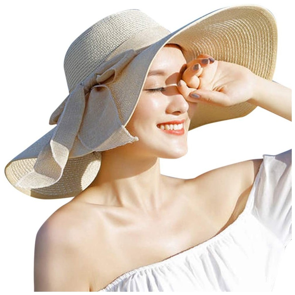 Sun Hats Women Big Brim Straw Hat Sun Floppy Wide Brim Hats New Bowknot Folding Beach Cap - Beige - CA18N72XHOH $7.18