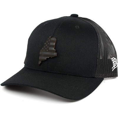 Baseball Caps 'Maine Patriot' Leather Patch Hat Curved Trucker - Black - C718IGOT4MD $54.52