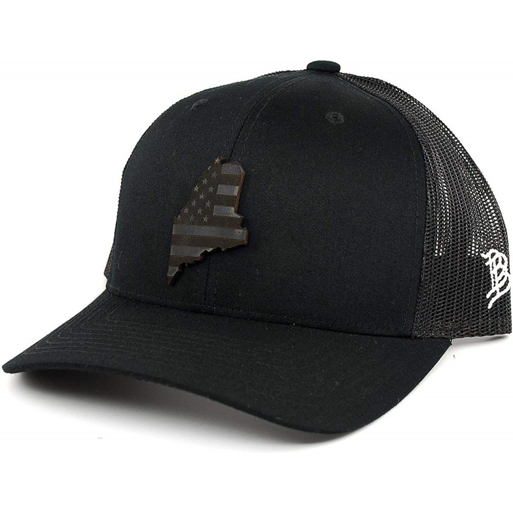 Baseball Caps 'Maine Patriot' Leather Patch Hat Curved Trucker - Black - C718IGOT4MD $57.76