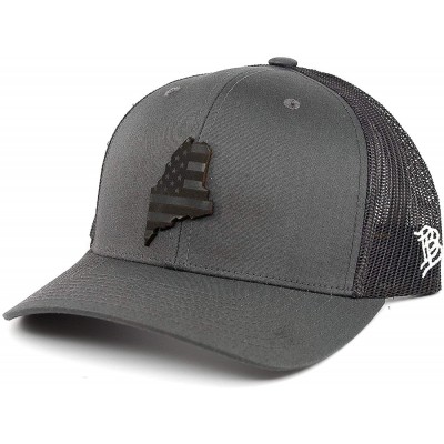 Baseball Caps 'Maine Patriot' Leather Patch Hat Curved Trucker - Black - C718IGOT4MD $57.76