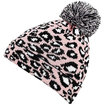 Skullies & Beanies Women Earmuffs Knit Beanie Hat with Pom Pom Ball Leopard Pattern - Pink - CS18M4TMC5K $12.27