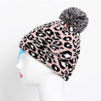 Skullies & Beanies Women Earmuffs Knit Beanie Hat with Pom Pom Ball Leopard Pattern - Pink - CS18M4TMC5K $12.27