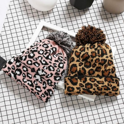 Skullies & Beanies Women Earmuffs Knit Beanie Hat with Pom Pom Ball Leopard Pattern - Pink - CS18M4TMC5K $12.27