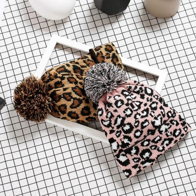 Skullies & Beanies Women Earmuffs Knit Beanie Hat with Pom Pom Ball Leopard Pattern - Pink - CS18M4TMC5K $12.27