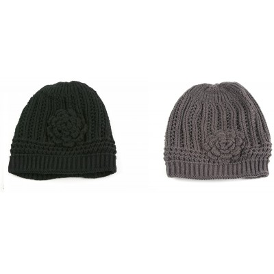 Skullies & Beanies Winter Knit Flower Beanie Hat 333HB - 2 Pcs Black & Gray - CB122Q1NE2X $15.76