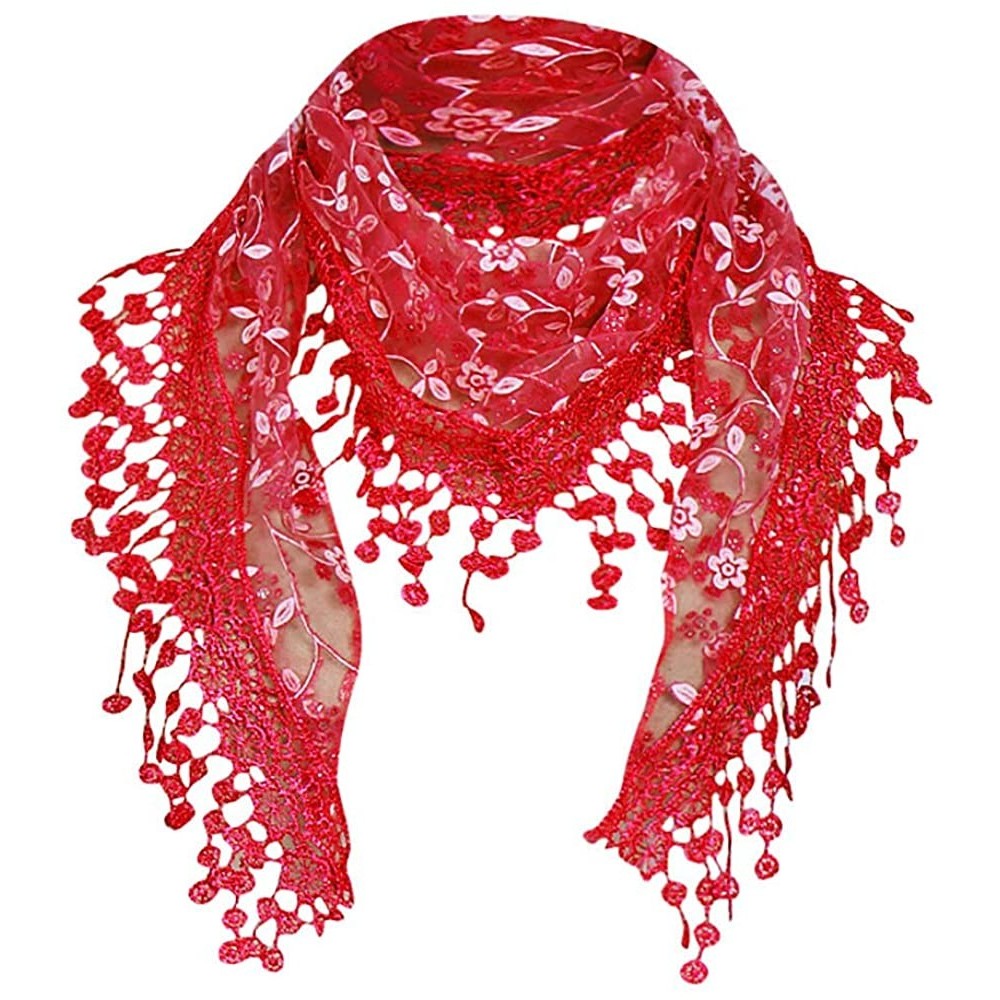 Baseball Caps Women Lace Floral Tassel Sheer Triangle Mantilla Scarf Shawl Neck Wraps - Red - CR18GQO44AQ $5.96