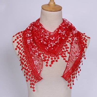 Baseball Caps Women Lace Floral Tassel Sheer Triangle Mantilla Scarf Shawl Neck Wraps - Red - CR18GQO44AQ $5.96