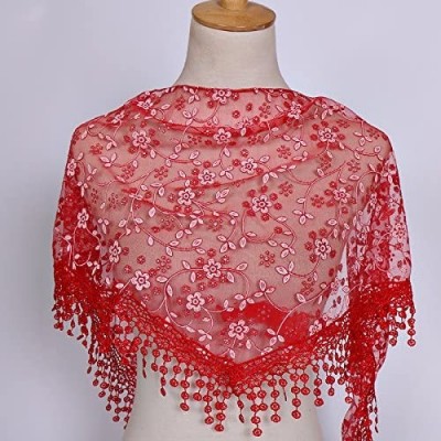 Baseball Caps Women Lace Floral Tassel Sheer Triangle Mantilla Scarf Shawl Neck Wraps - Red - CR18GQO44AQ $5.96