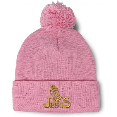 Skullies & Beanies Winter Pom Pom Beanie Men & Women Jesus Christian Hands Praying A Embroidery - Soft Pink - CQ18A0EM3SY $13.84