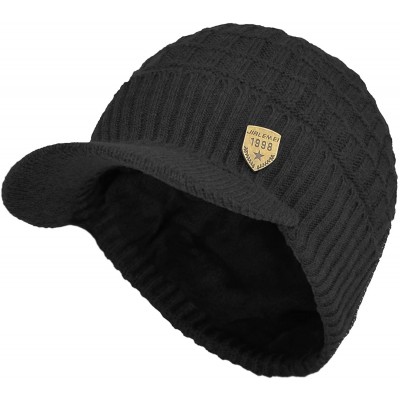 Skullies & Beanies Daily Knit Visor Brim Beanie Hat Fleece Lined Skull Ski Cap (Black-SV) - CL187IRE3EL $39.64