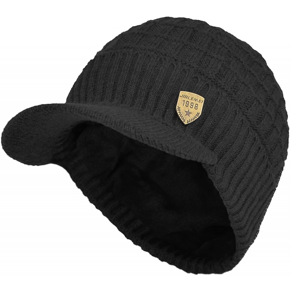 Skullies & Beanies Daily Knit Visor Brim Beanie Hat Fleece Lined Skull Ski Cap (Black-SV) - CL187IRE3EL $20.05