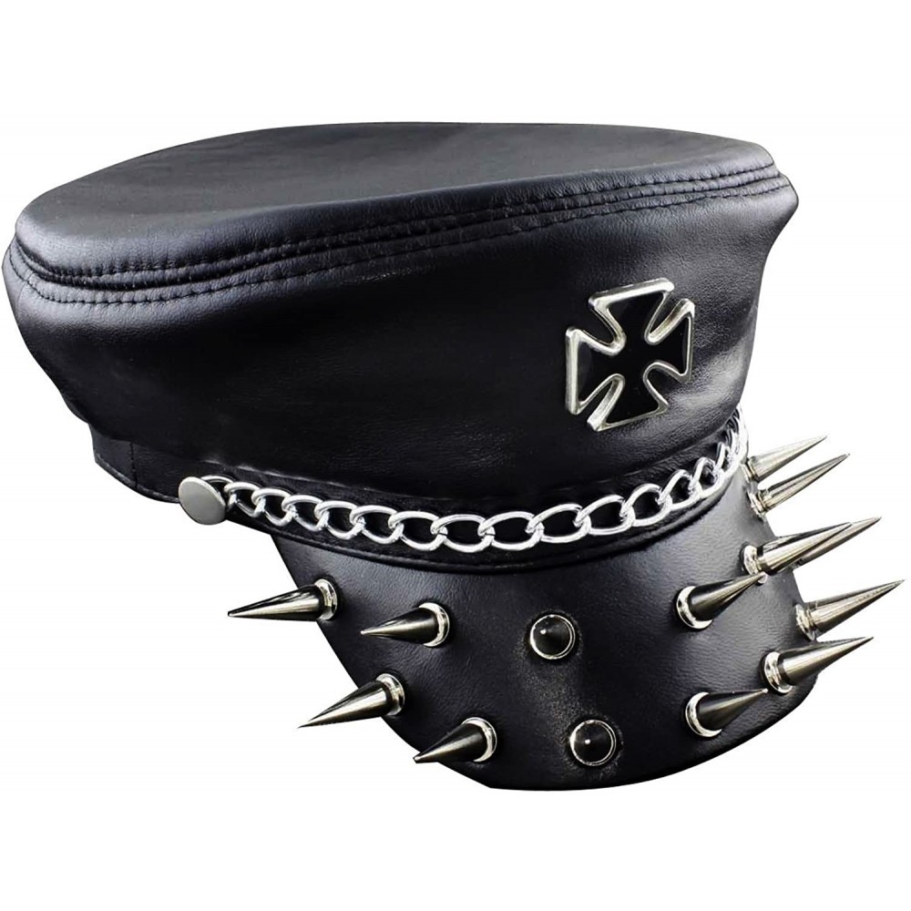 Skullies & Beanies CooL! Iron Cross Huge Revit Mens Genuine Leather Biker Punk Rocker Cap Hat Cp12 - CS12GZQZWVB $34.88