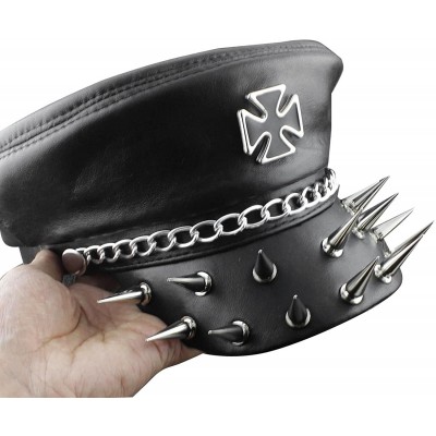 Skullies & Beanies CooL! Iron Cross Huge Revit Mens Genuine Leather Biker Punk Rocker Cap Hat Cp12 - CS12GZQZWVB $34.88