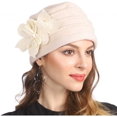 Berets Women's Winter Warm 100% Wool Beret Beanie Cloche Bucket Hat - Flower Ivory - CT18Y9CSCLU $36.07