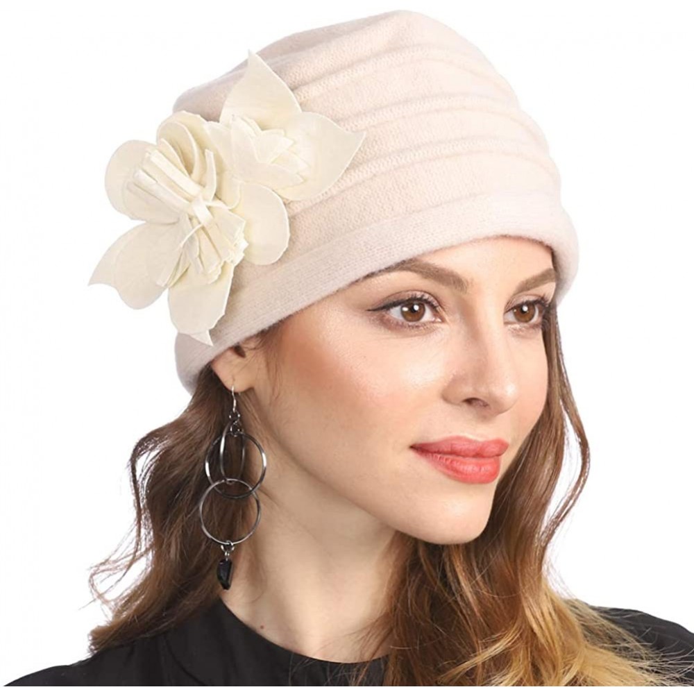 Berets Women's Winter Warm 100% Wool Beret Beanie Cloche Bucket Hat - Flower Ivory - CT18Y9CSCLU $17.33