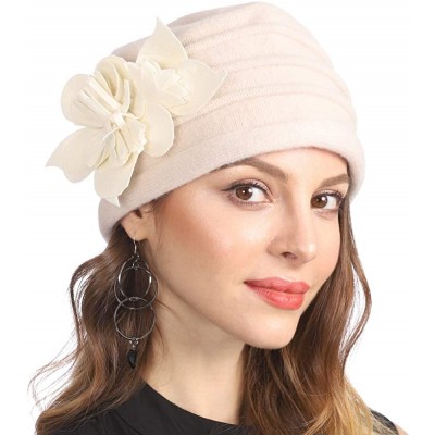 Berets Women's Winter Warm 100% Wool Beret Beanie Cloche Bucket Hat - Flower Ivory - CT18Y9CSCLU $17.33