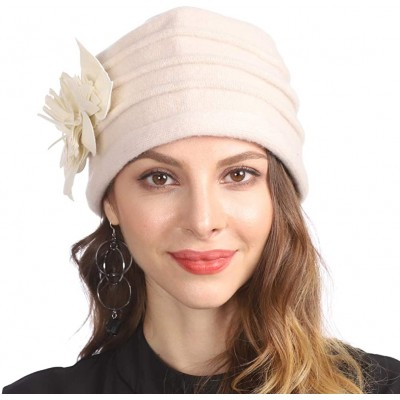 Berets Women's Winter Warm 100% Wool Beret Beanie Cloche Bucket Hat - Flower Ivory - CT18Y9CSCLU $17.33