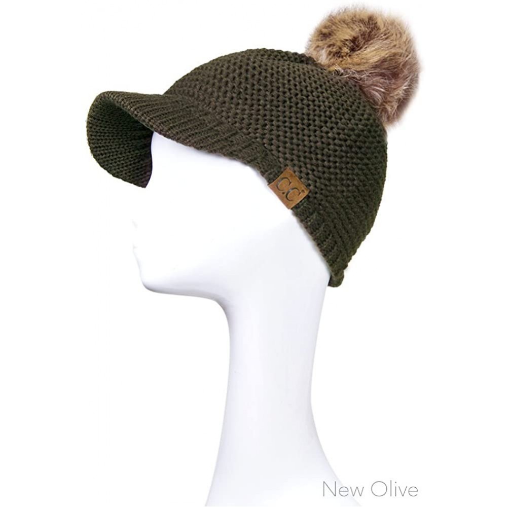 Skullies & Beanies Women's Exclusive Knitted Brim Visor Beanie with Fur Pom Pom - New Olive - CM12K7GGBT7 $19.78