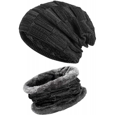 Skullies & Beanies Winter Beanie Hat Scarf Set- Slouchy Warm Thick Knit Skull Cap for Men Women (Black) - CH193DZ6RRC $9.15