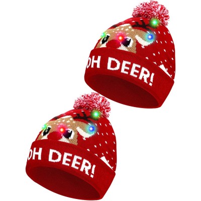 Skullies & Beanies 2 Pieces Christmas LED Light up Hat Xmas Beanie Hat LED Pom Pom Hat for Christmas Party (Elk) - CE18AOMWH2...