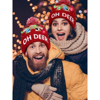 Skullies & Beanies 2 Pieces Christmas LED Light up Hat Xmas Beanie Hat LED Pom Pom Hat for Christmas Party (Elk) - CE18AOMWH2...