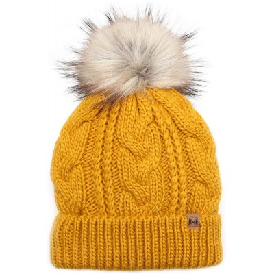 Skullies & Beanies Women's Soft Faux Fur Pom Pom Slouchy Beanie Hat with Sherpa Lined- Thick- Soft- Chunky and Warm - Mustard...