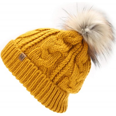 Skullies & Beanies Women's Soft Faux Fur Pom Pom Slouchy Beanie Hat with Sherpa Lined- Thick- Soft- Chunky and Warm - Mustard...