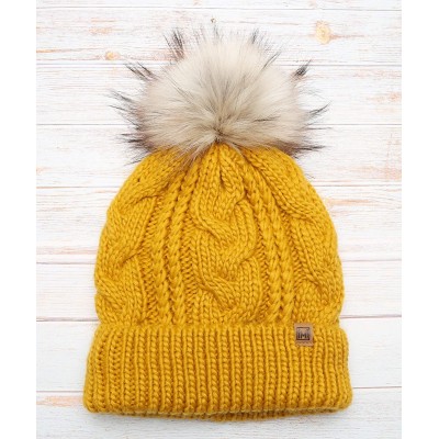 Skullies & Beanies Women's Soft Faux Fur Pom Pom Slouchy Beanie Hat with Sherpa Lined- Thick- Soft- Chunky and Warm - Mustard...