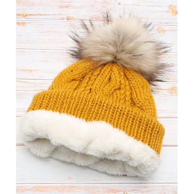 Skullies & Beanies Women's Soft Faux Fur Pom Pom Slouchy Beanie Hat with Sherpa Lined- Thick- Soft- Chunky and Warm - Mustard...