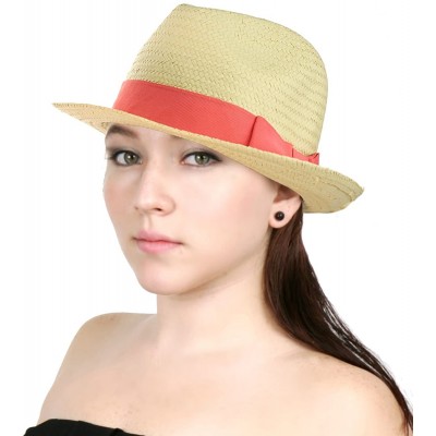 Fedoras Unisex Lightweight Fedora w/Solid Color Ribbon Band Accent - Coral - C2122E9PCGD $9.24