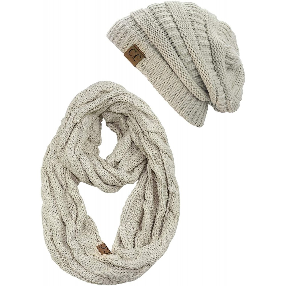 Skullies & Beanies Unisex Soft Stretch Chunky Cable Knit Beanie and Infinity Loop Scarf Set- Beige - C918KIUADY6 $20.28