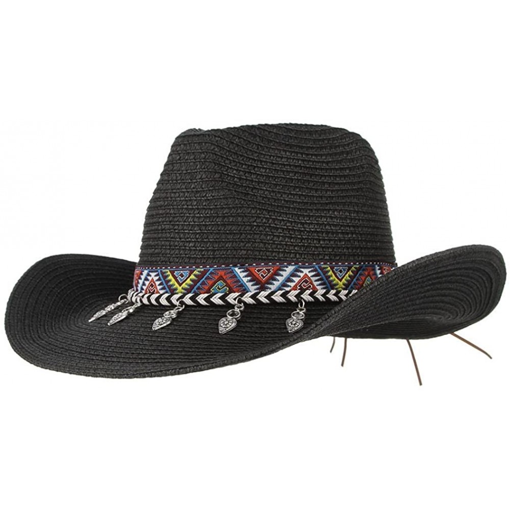 Cowboy Hats Cowboy Hat Western Style Cowboy Straw Hat Shapesble Brim Band & Pendant Decor - Black - CM18D66MUIU $12.00