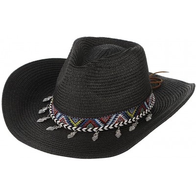 Cowboy Hats Cowboy Hat Western Style Cowboy Straw Hat Shapesble Brim Band & Pendant Decor - Black - CM18D66MUIU $12.00