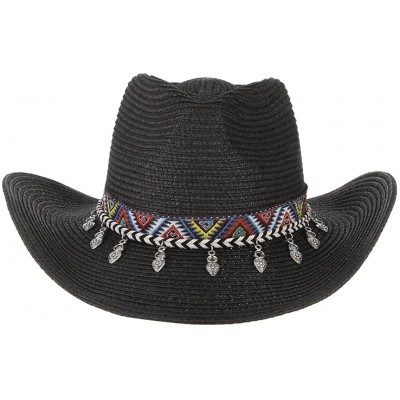 Cowboy Hats Cowboy Hat Western Style Cowboy Straw Hat Shapesble Brim Band & Pendant Decor - Black - CM18D66MUIU $12.00