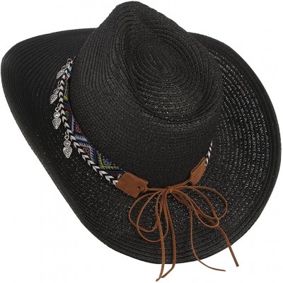 Cowboy Hats Cowboy Hat Western Style Cowboy Straw Hat Shapesble Brim Band & Pendant Decor - Black - CM18D66MUIU $12.00