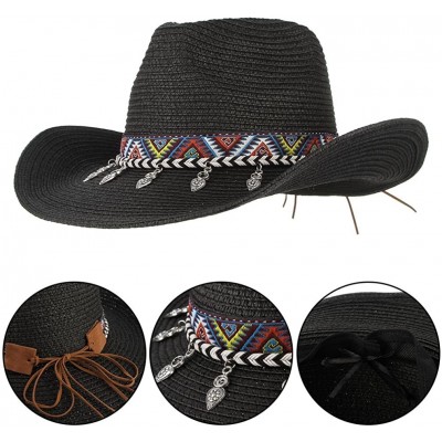 Cowboy Hats Cowboy Hat Western Style Cowboy Straw Hat Shapesble Brim Band & Pendant Decor - Black - CM18D66MUIU $12.00