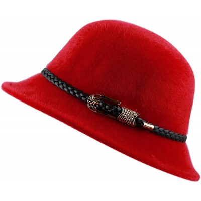 Fedoras Felt Cloche Winter Hat Braided Faux Leather Band Gold Buckle (Red) - CS12NR5B1IB $20.29