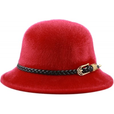 Fedoras Felt Cloche Winter Hat Braided Faux Leather Band Gold Buckle (Red) - CS12NR5B1IB $20.29