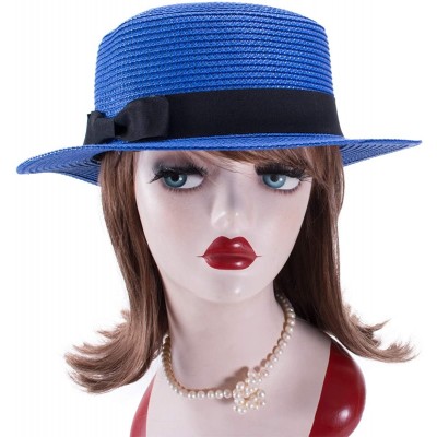 Sun Hats Womens Mini Straw Boater Hat Fedora Panama Flat Top Ribbon Summer A456 - Royal Blue - CI185NZHAK5 $12.00