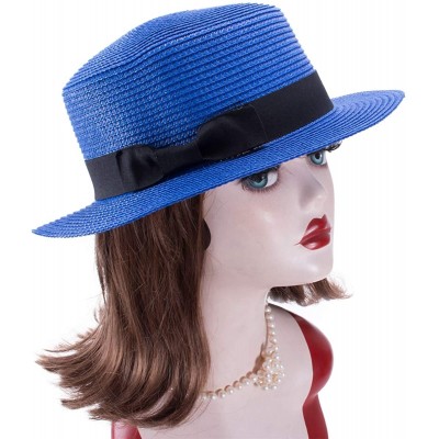 Sun Hats Womens Mini Straw Boater Hat Fedora Panama Flat Top Ribbon Summer A456 - Royal Blue - CI185NZHAK5 $12.00