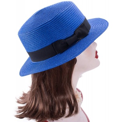 Sun Hats Womens Mini Straw Boater Hat Fedora Panama Flat Top Ribbon Summer A456 - Royal Blue - CI185NZHAK5 $12.00