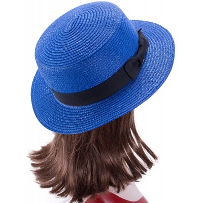 Sun Hats Womens Mini Straw Boater Hat Fedora Panama Flat Top Ribbon Summer A456 - Royal Blue - CI185NZHAK5 $12.00