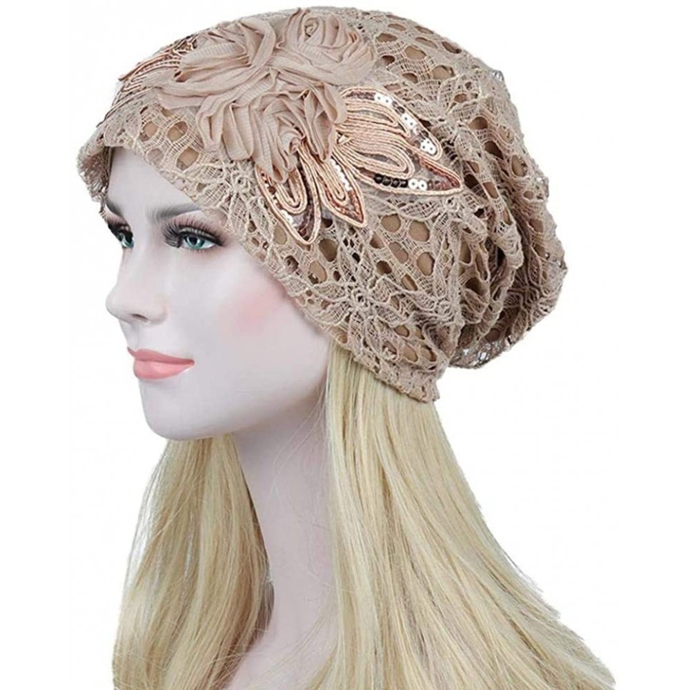 Skullies & Beanies Womens Hat Winter- Women Floral Lace Flower Slouchy Baggy Head Cap Beanie Hat - Khaki - CB188U9KSHS $9.00