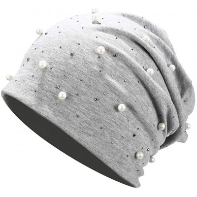 Skullies & Beanies Muslim Turbans for Womens Fashion Women Stretch Headgear Pure Color Pearl Head Scarf Wrap Hat Cap - D - CG...
