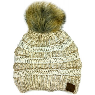 Skullies & Beanies Soft Stretch Cable Knit Ribbed Faux Fur Pom Pom Beanie Hat - Ivory-gold Metallic - CU12LLKW5ZH $11.63