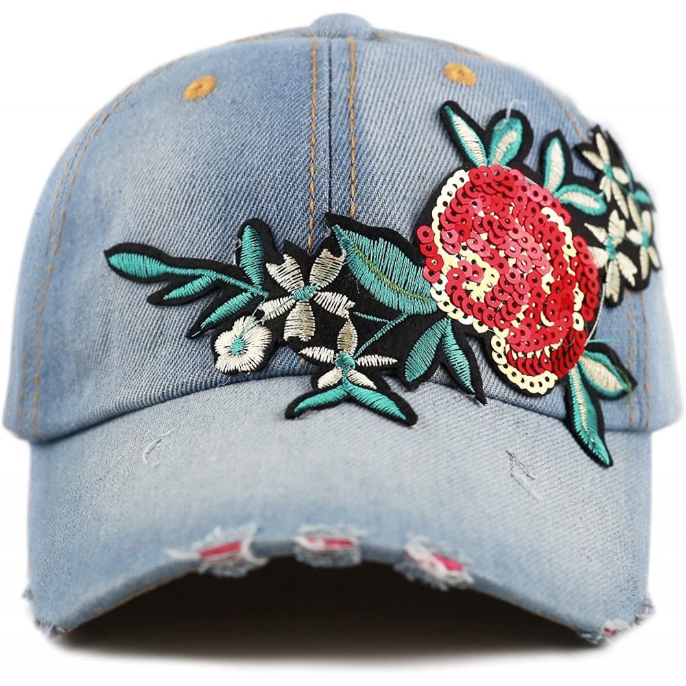 Baseball Caps 200 Bling Jewel Rhinestone Rose Patch Washed Denim Baseball Cap - 5. Flower Sequin-1 - CA18RG43YIW $11.70