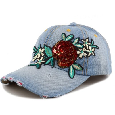 Baseball Caps 200 Bling Jewel Rhinestone Rose Patch Washed Denim Baseball Cap - 5. Flower Sequin-1 - CA18RG43YIW $11.70