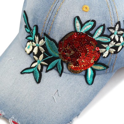 Baseball Caps 200 Bling Jewel Rhinestone Rose Patch Washed Denim Baseball Cap - 5. Flower Sequin-1 - CA18RG43YIW $11.70