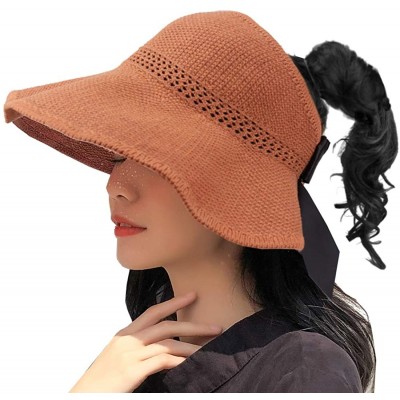 Visors Summer Sun Hat Women Girls Visor Fishing Cap Floppy Beach Sun Hat Cycling with Ponytail Hole Bowknot - Brown - CI18SSO...