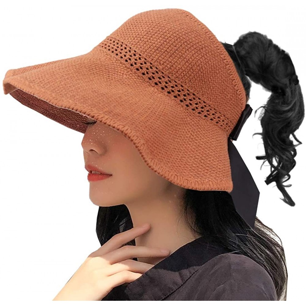 Visors Summer Sun Hat Women Girls Visor Fishing Cap Floppy Beach Sun Hat Cycling with Ponytail Hole Bowknot - Brown - CI18SSO...